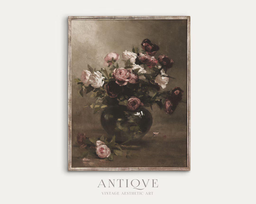 Moody Vintage Still Life | White Red and Pink Roses in Vase Oil Painting | Spring Vintage Printab... | Etsy (US)