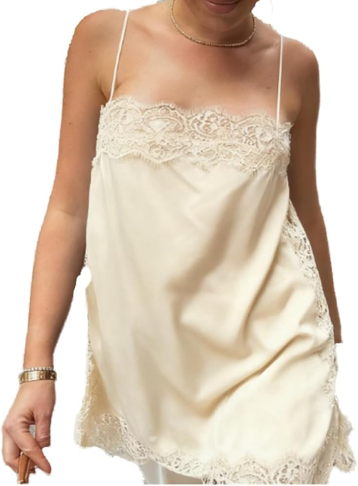 Women Satin Lace Trim Tank Silk Lace Y2k Cami Trendy Going Out Top | Amazon (US)