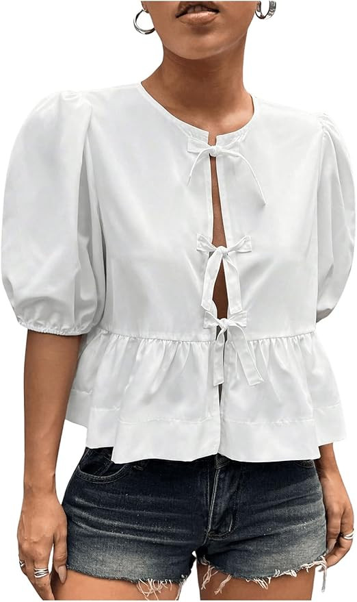 Verdusa Women's Tie Front Round Neck Puff Sleeve Blouse Ruffle Hem Peplum Top | Amazon (US)