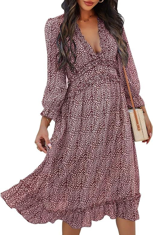 Simplee Women's V Neck Ruffles Floral Printed Long Sleeve Dress High Elastic Waist Flowing Midi D... | Amazon (US)