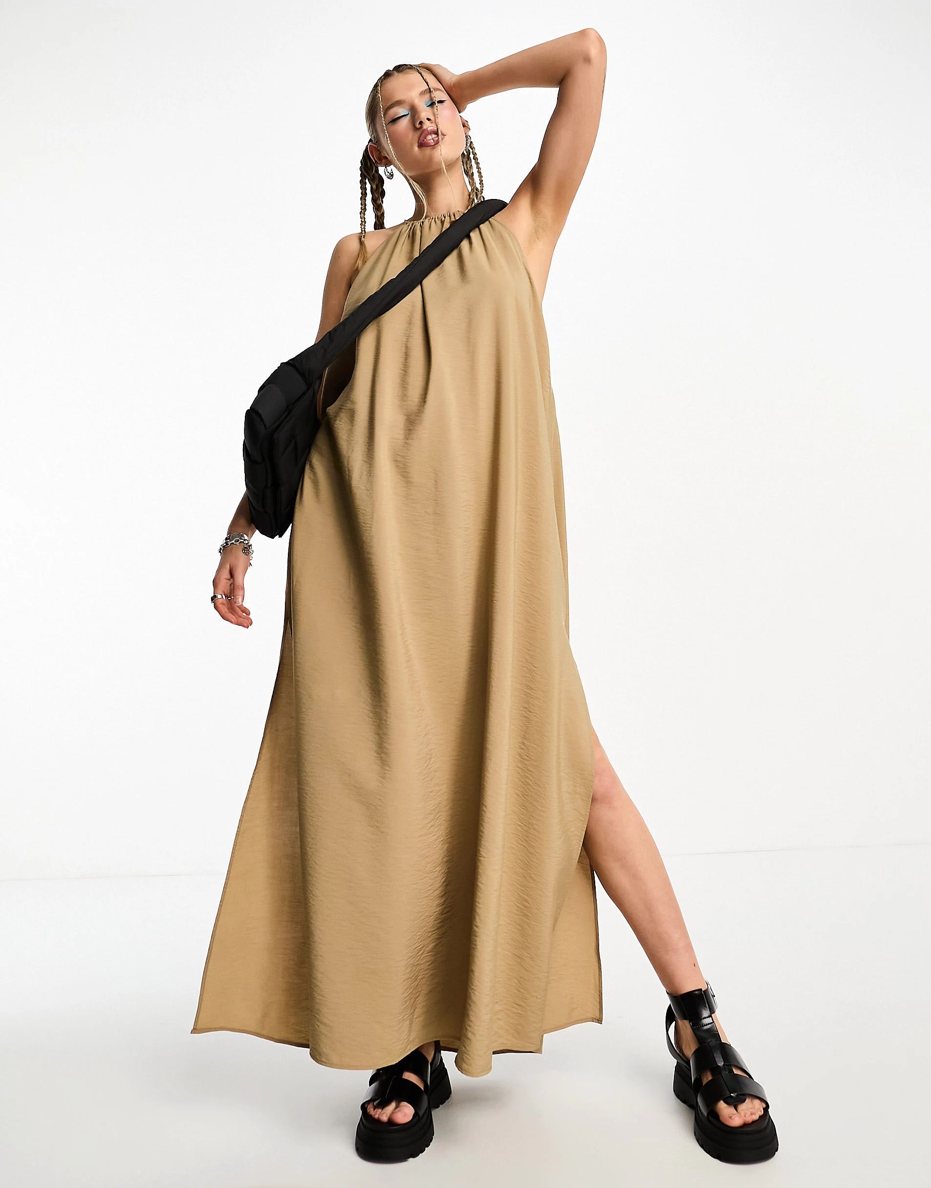 Weekday Aki drape maxi dress in beige | ASOS (Global)