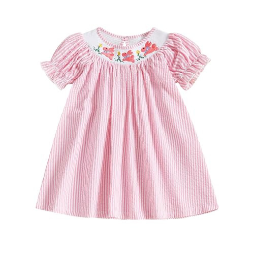 YolanerBaby Toddler Little Baby Girl Easter Bunny Dress Puff Short Sleeve Stripes Smocked Dresses Easter Outfit for Kids (Pink Bunny Floral, 4-5 Years) | Amazon (US)