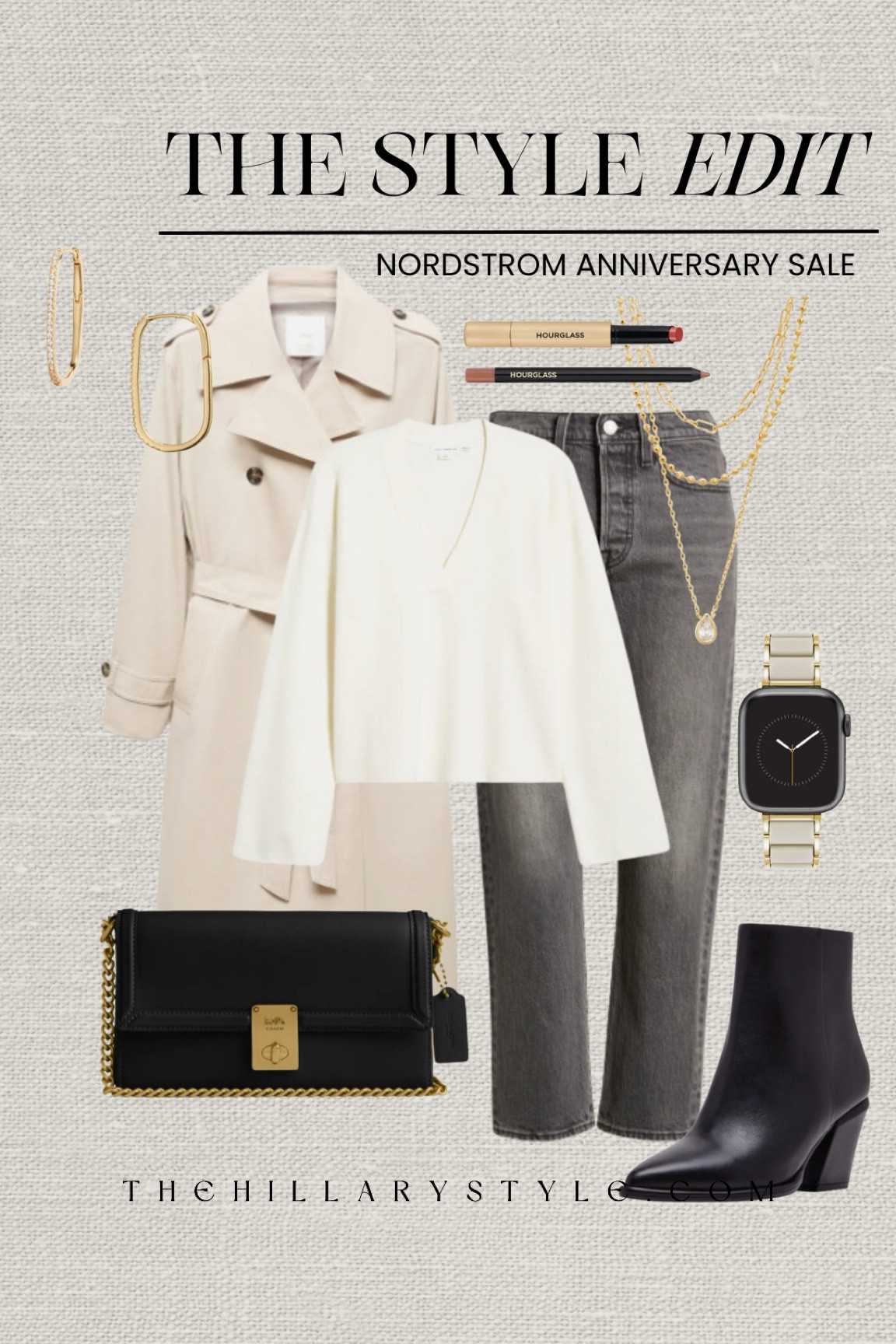 The Style Edit: Nordstrom Anniversary Sale

Fall transitional outfit on sale at Nordstrom. Wool belted coat, white sweater, gray denim, black boots, handbag, necklace set, watch band, gold hoops, lip set. Levi’s, MANGO, Good American, Blondo, Coach, Anne Klein, Hourglasss

#LTKStyleTip #LTKxNSale #LTKSummerSales