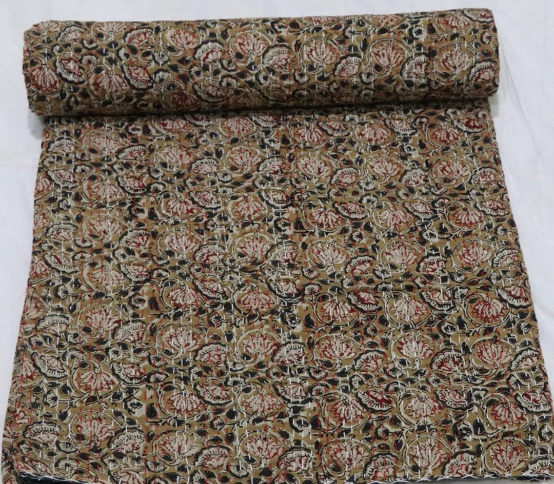 floral Kantha Quilt Handblock Print Black& white floral Kantha Indian Netural Colour Indian inspi... | Etsy (US)