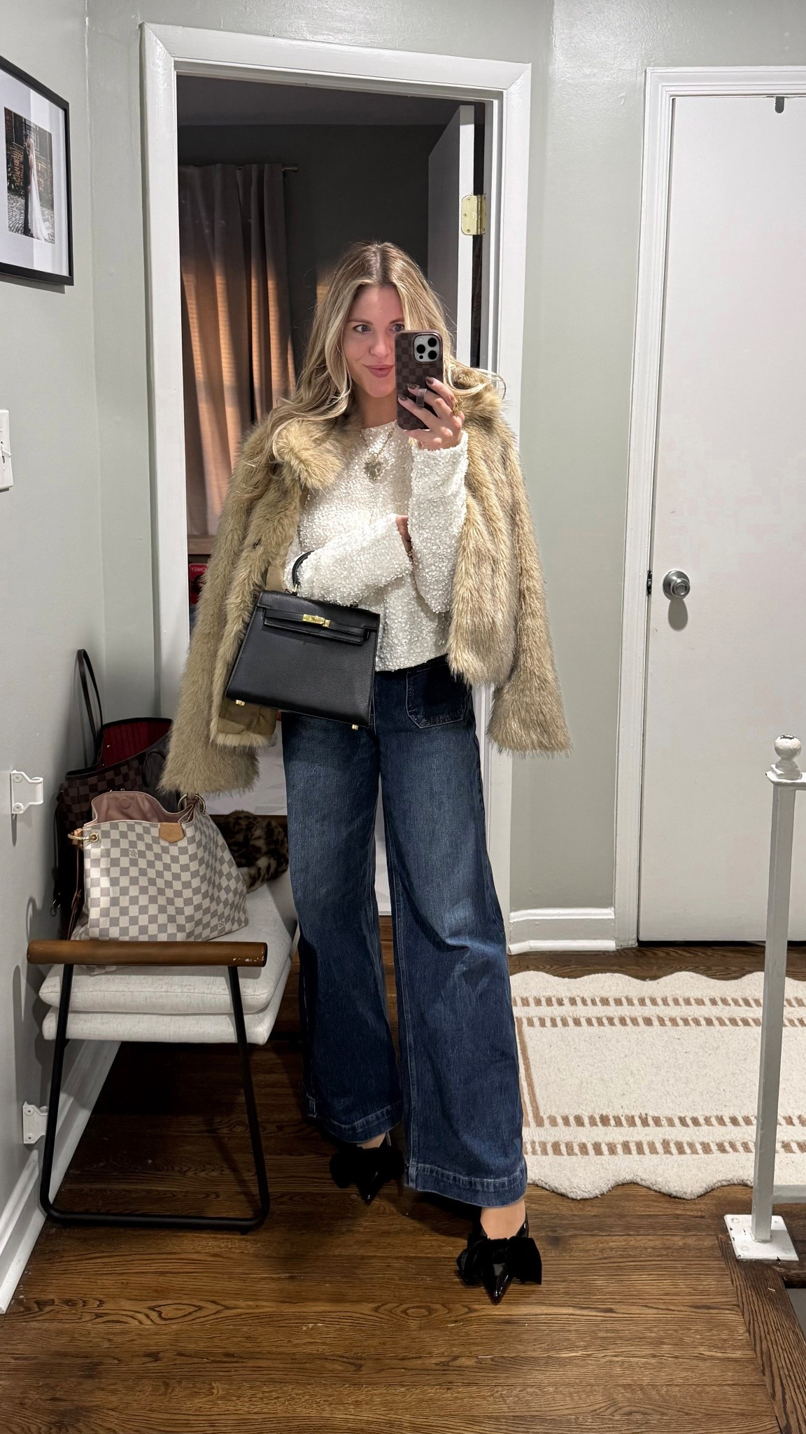 Black Bow Kitten Heels, Dark Wash Jeans, Sequin Top, Faux Fur Jacket, Black Structured Bag // holiday outfit idea on sale 

#LTKHoliday #LTKGiftGuide #LTKdayinmylife