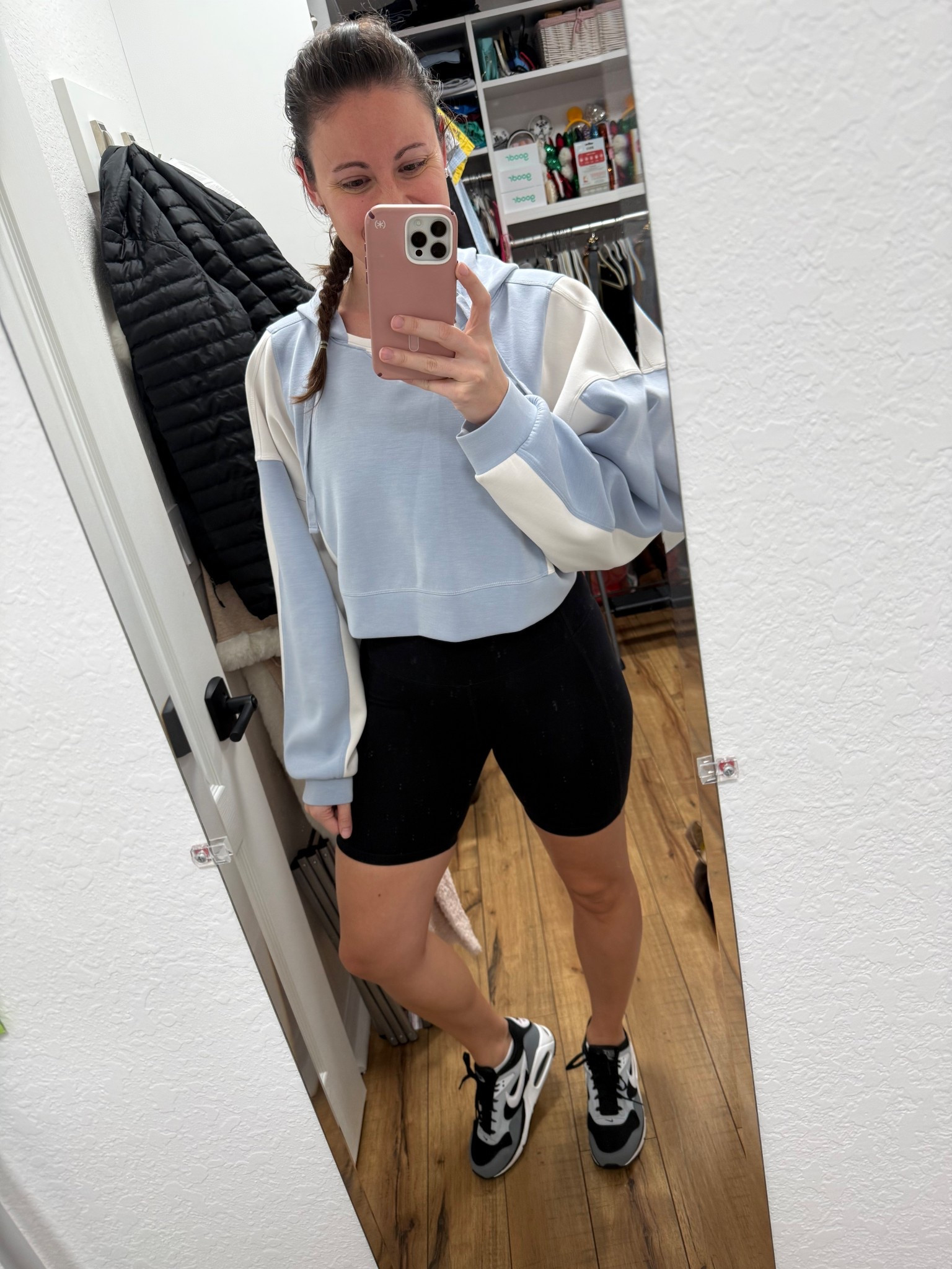Tonight’s travel fit! Wanted to be comfy but a little cozy! Also didn’t want to look for different shoes than what I wore to work! I love a high waist short with a cropped hoodie right now! 

#LTKTravel #LTKootd #LTKActive