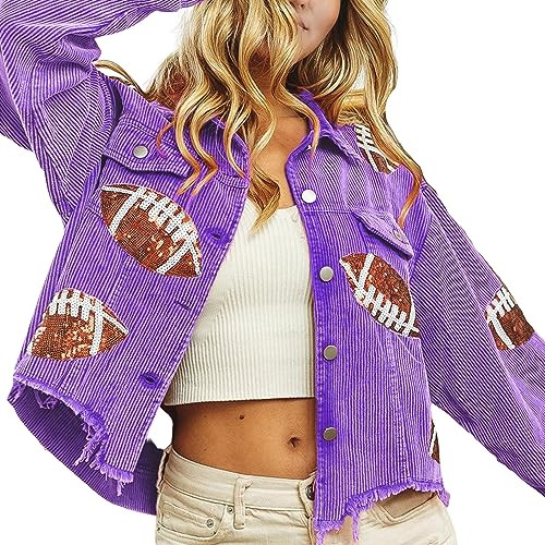 SeekMe Women's Cropped Corduroy Jacket Football Sequin Patched Short Button Raw Hem Jacket Coat | Amazon (US)