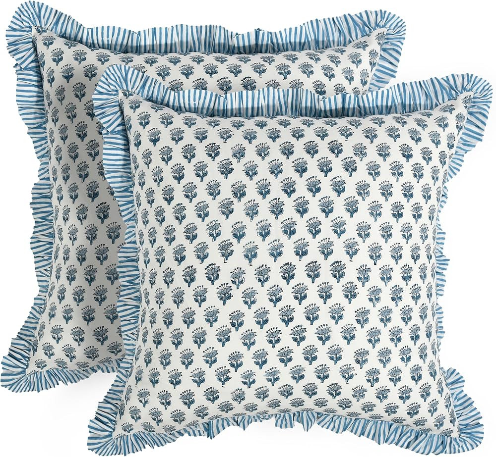 CPC Apatite Blue Ruffle Throw Pillow Covers for Couch, 24x24 Inch Cotton Stripe Ruffle Couch Pill... | Amazon (US)