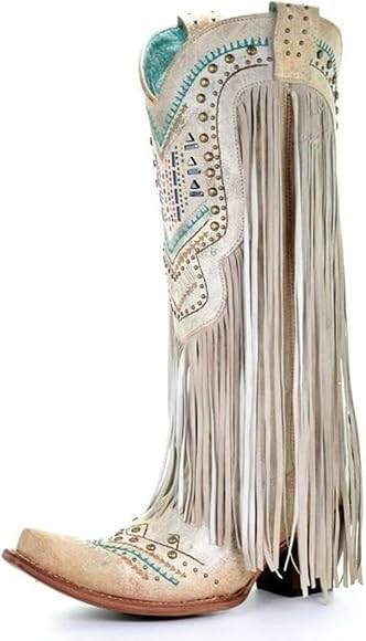 LISHAN Women's Western Cowboy Cowgirl Boots Fringed Tassel Block Heels Embroidered Calf High Boot... | Amazon (US)