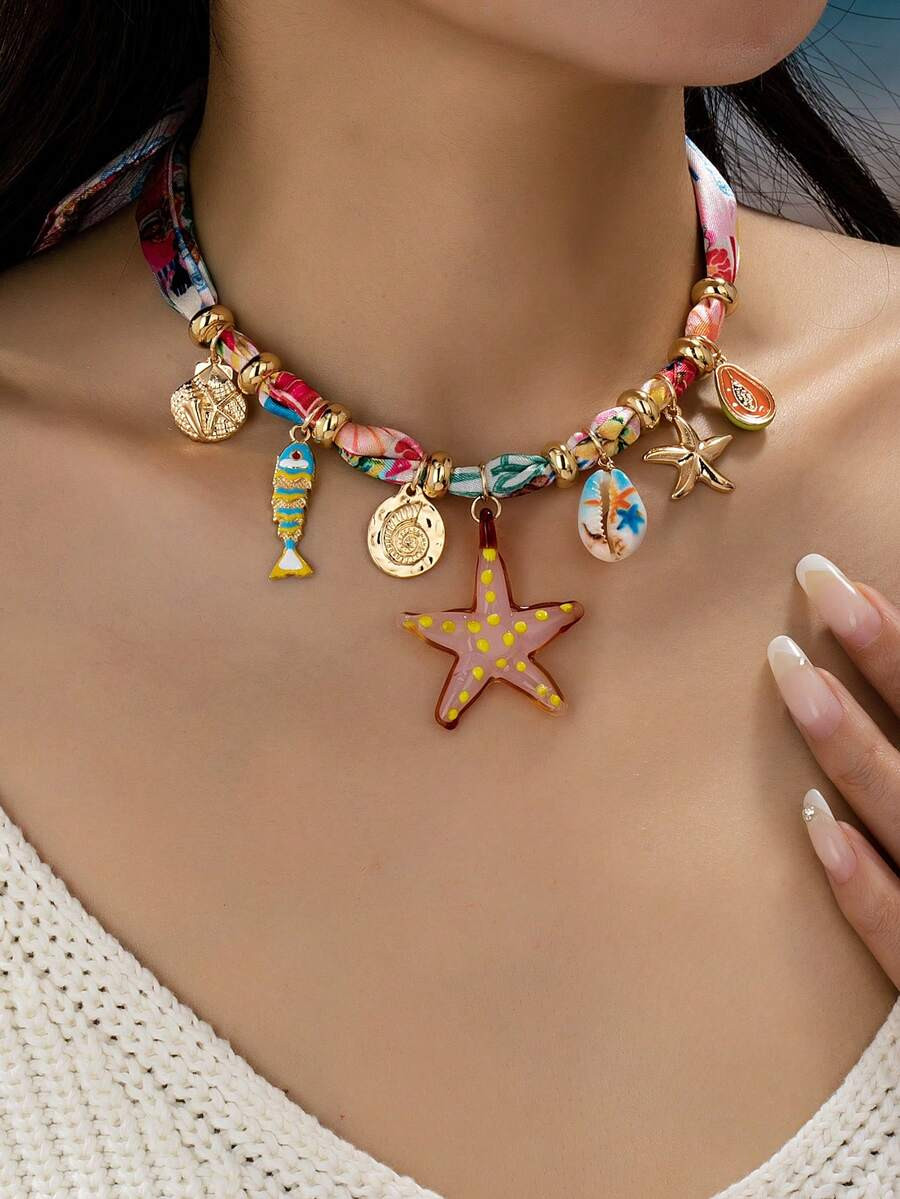 1pc Summer Vacation Beach Style Starfish Charm Necklace, Bohemian Boho Scarf Necklace With Fish P... | SHEIN