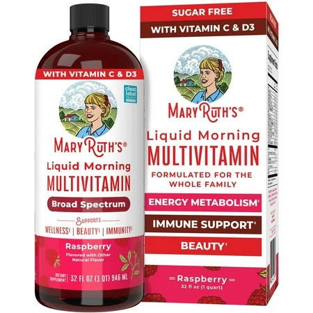 MaryRuth's Morning Multivitamin Liquid, Raspberry, Unisex, 32 Fl Oz, Vegan, Non-GMO, Vitamins C and D | Walmart (US)