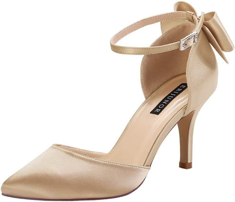 ERIJUNOR Wedding Evening Party Shoes Comfortable Mid Heels Pumps with Bow Knot Ankle Strap Wide W... | Amazon (US)