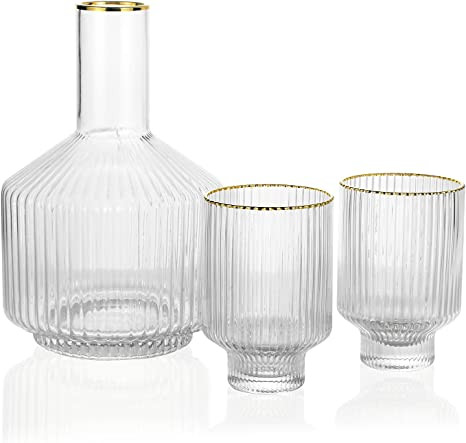 1500 C Tabletop Tiara Optic Swirl Bedside Carafe 1 Pitcher 59 oz. and 2 Tumblers 11.5 oz. Gold Ri... | Amazon (US)