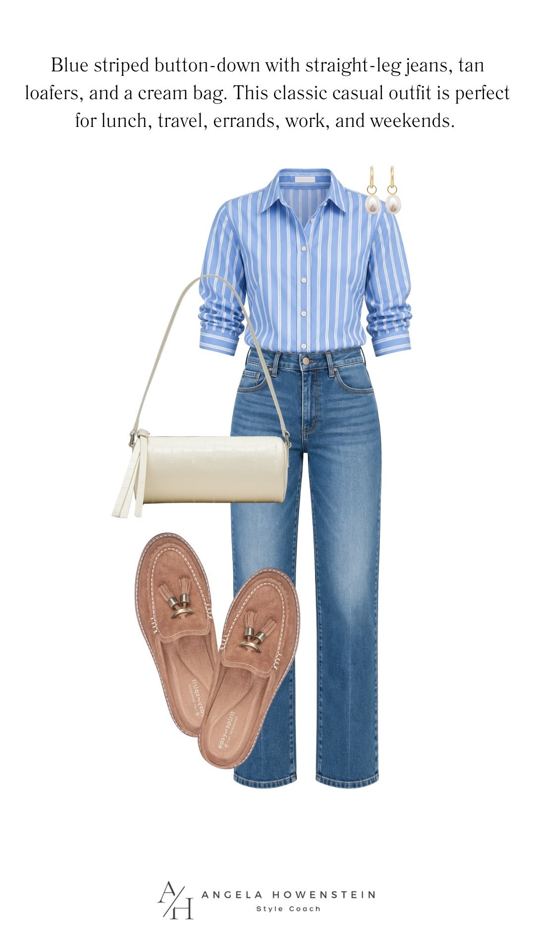 Stripes and denim will always be a winning combination. This blue striped button-down, classic straight-leg jeans, tan loafers, and cream bag create an easy, polished outfit for lunch, travel, errands, or a casual workday.

👩‍💻 LTK PRO TIPS
❤️ Heart = Support my posts ;-)
🔖 Save = Get sale & restock alerts for the things you love!
📋 Lists = Keep favorites organized (List ideas: Christmas, Birthdays, and Vacations!)
📲 Share = Send lists and products to a friend (or your daughters like me).
💬 Comment = Ask me anything, and I’ll answer. ;-)

#LTKootd #LTKSeasonal #LTKOver40
