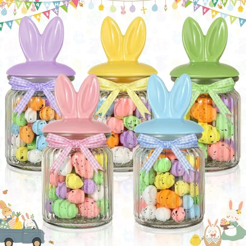 SUMMORO Easter Decorations - 5 PCS Easter Glass Candy Jar with Ceramic Bunny Shaped Lid Easter Cookie Decorative Jar with Gingham Ribbon Bows for Easter Table Centerpiece Decorations | Amazon (US)