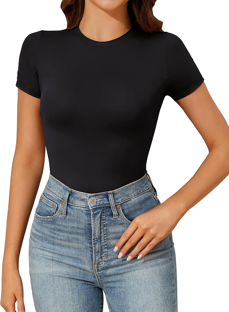 PrettyGuide Women's Crew Neck Short Sleeve Tops Light Sculpting Slim Fit Basic Tee Y2K Shapewear ... | Amazon (US)