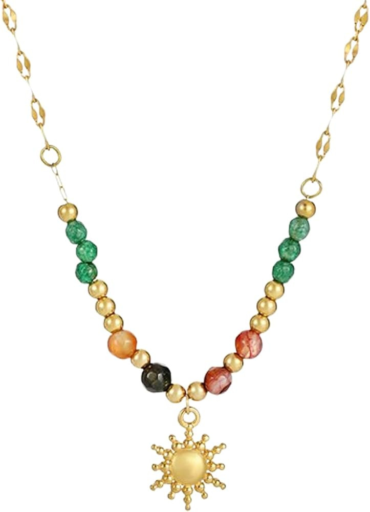 Vintage Gold Sun Necklace,Healing Crystal Pearl Choker Dainty Colorful Beaded Necklace Bohemian C... | Amazon (US)