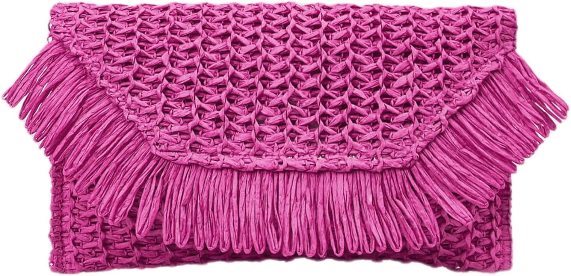 Floerns Women's Woven Straw Envelope Fringe Trim Rattan Beach Clutch Handbag | Amazon (US)