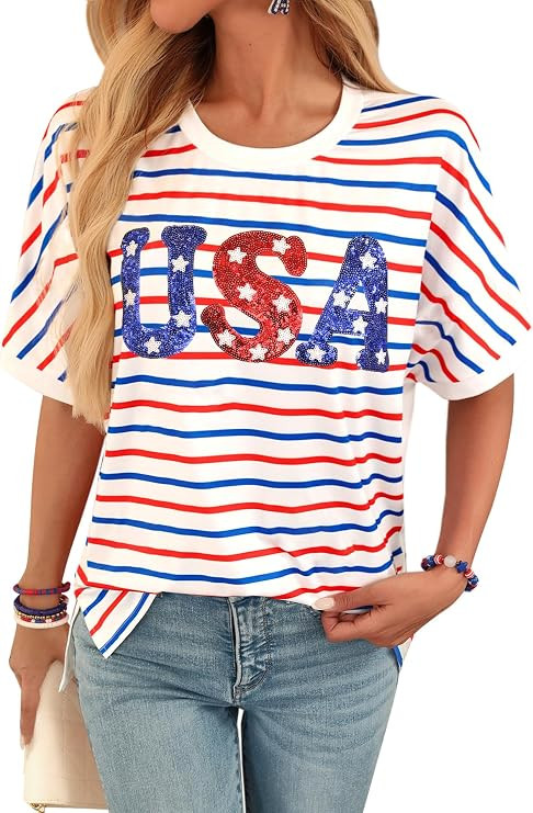 For G and PL Women's 4th of July Sequin Side Split T Shirt Patriotic American Flag Star Stripes T... | Amazon (US)