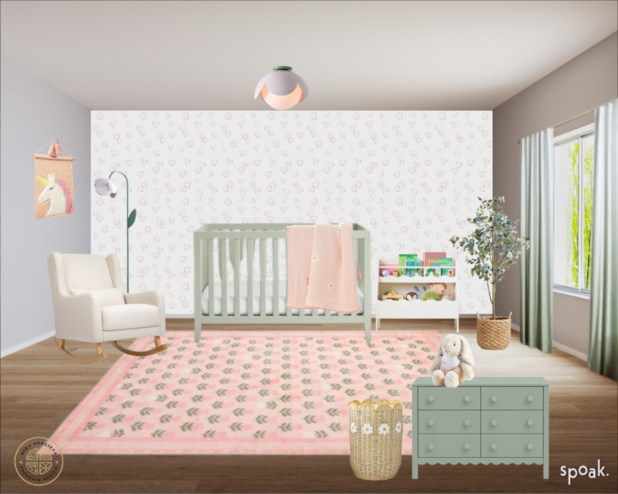 Beautiful Spring nursery design/mood board. Flower rug, green dresser and crib, flower floor lamp, Babyletto rocker, green curtains, Magnolia wallpaper. Cute unicorn wall art, scalloped book storage. #nurseryfurniture #nurserydecor 

#LTKBump #LTKHome #LTKBaby