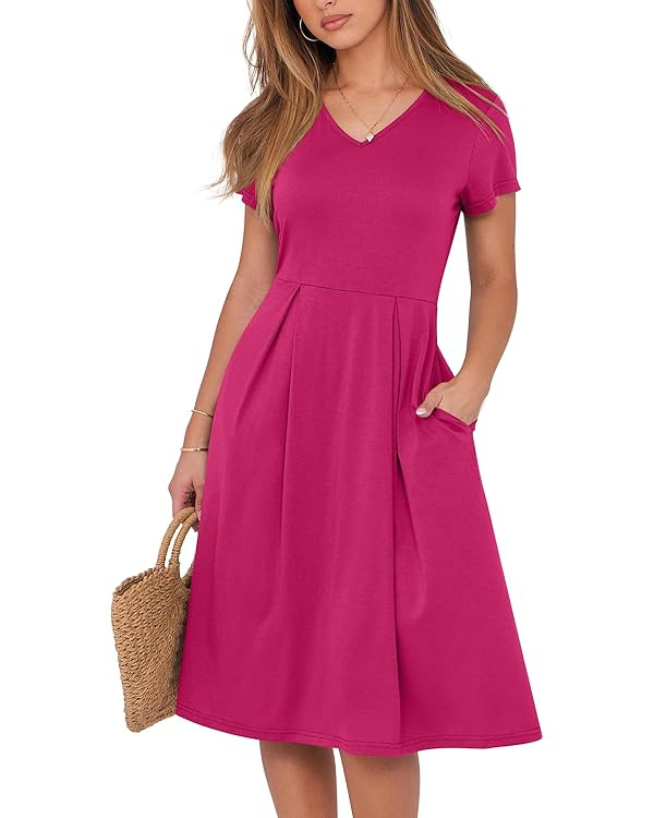 ANRABESS Women Summer Dress Casual Short Sleeve V Neck A-Line Knee Length Pleated Flowy 2025 Fash... | Amazon (US)