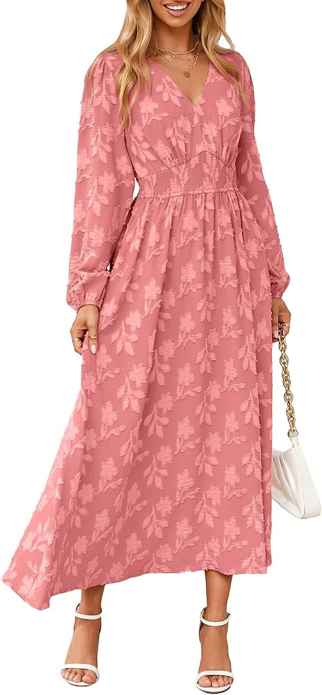 Simplee Womens Boho Floral Long Sleeve Maxi Dress V Neck Empire Waist Fall Wedding Guest Dresses ... | Amazon (US)