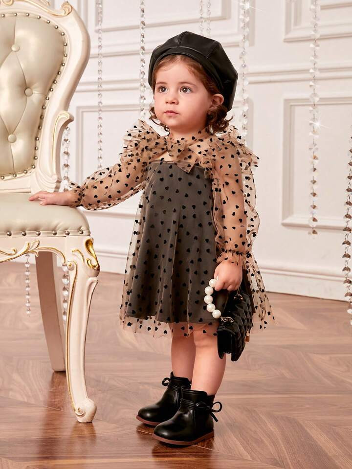 SHEIN Baby Girl Heart Print Ruffle Trim Flounce Sleeve Mesh Dress | SHEIN