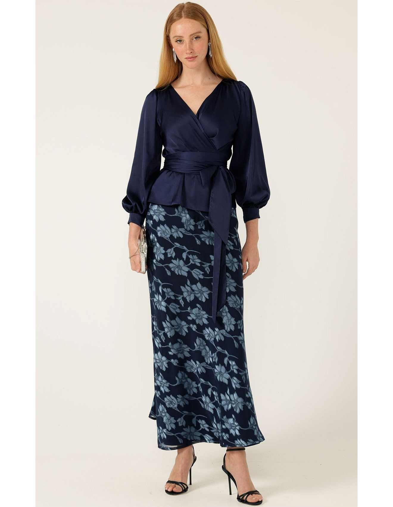 Sacha Drake Satin Faux Wrap Top In Navy | David Jones | David Jones (Australia & New Zealand)