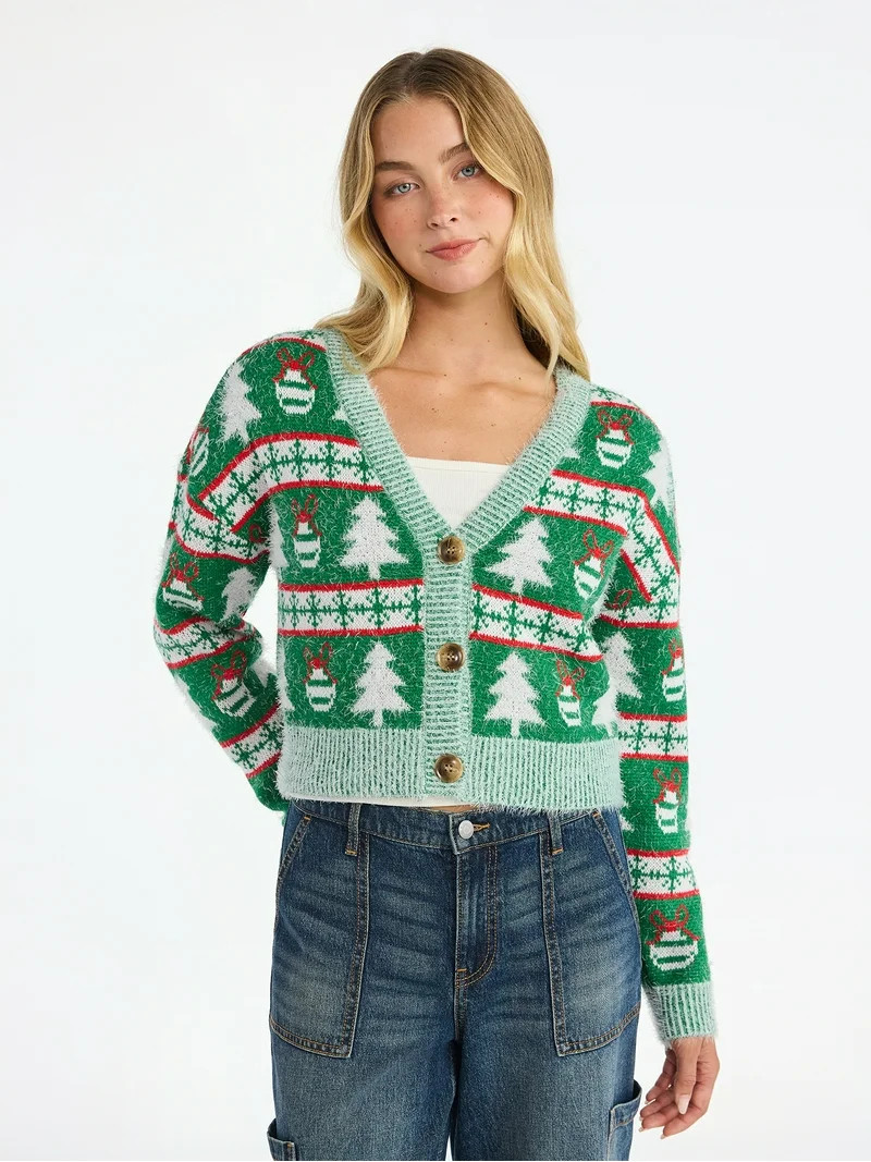 No Boundaries Embroidered Christmas Cardigan, Women's & Women's Plus | Walmart (US)
