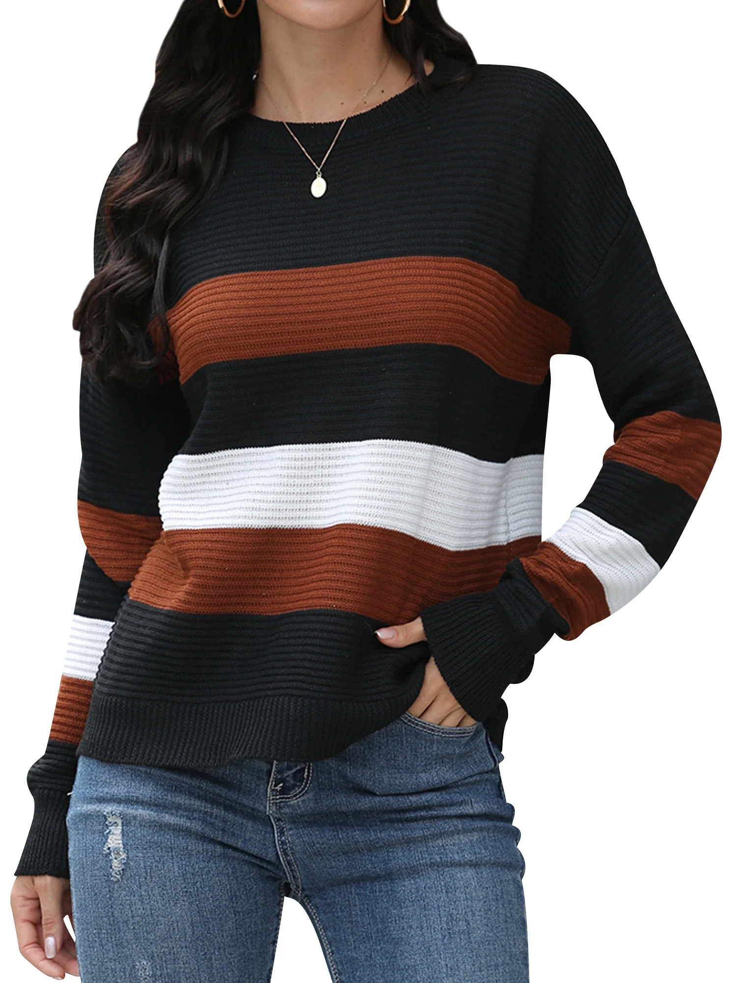 HUBERY Women Colorblock Stripe Crew Neck Long Sleeve Sweater | Walmart (US)