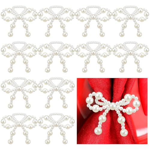 Gandeer 12 Pcs Pearl Bow Napkin Rings Imitation Pearl Ring Napkin Holder Delicate Bow Beaded Serviette Buckles for Wedding Party Dinner Table Decor and Daily Use | Amazon (US)