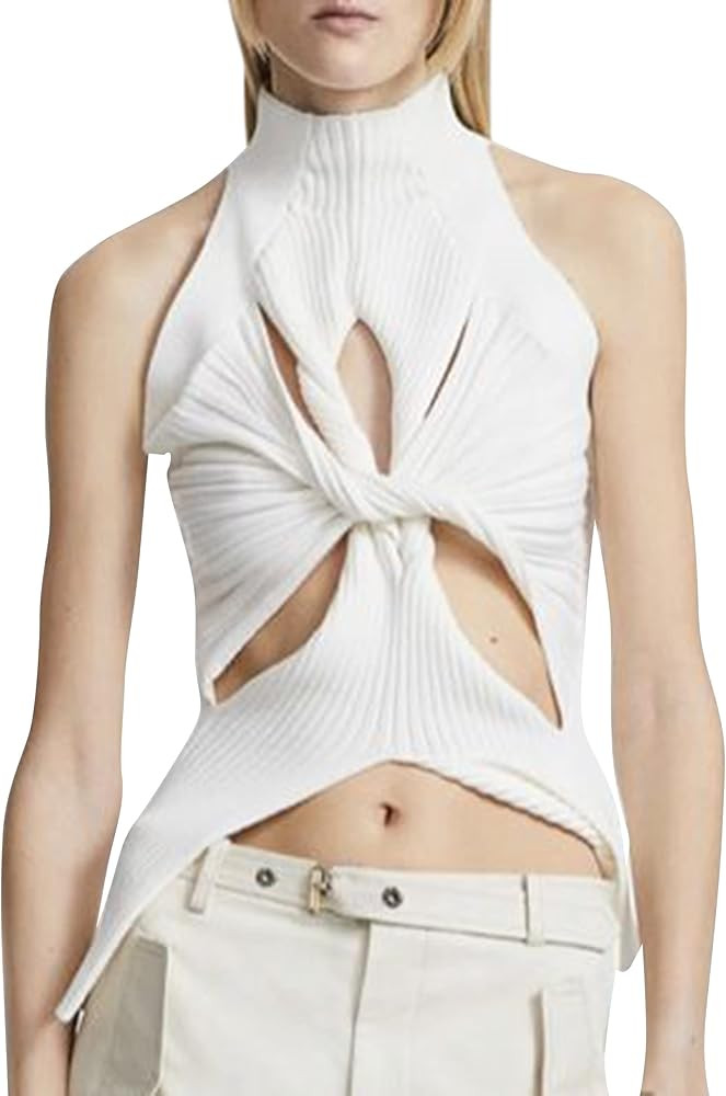 SAFRISIOR Women Sexy Hollow Out Twist Front Knitted Tank Tops Sleeveless High Neck Cut Out Sweate... | Amazon (US)