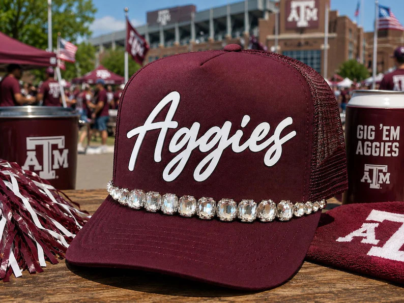 Texas Aggies Inspired Trucker Hat With Rhinestone Chain | Maroon And White Hat | College Game Day... | Etsy (Global)