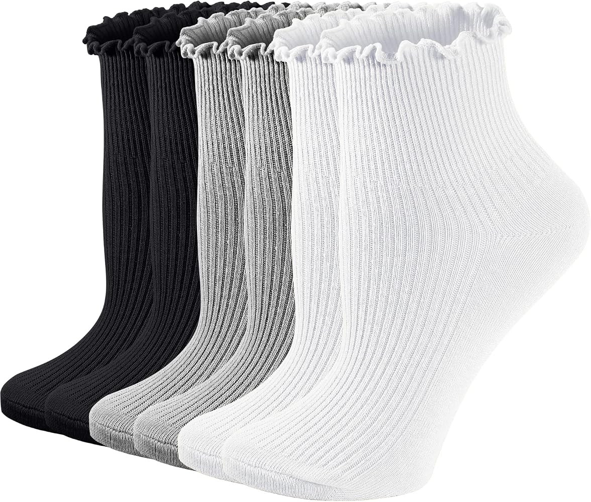 NORMOV 6 Pairs Cute Ruffle Socks For Women,Cotton Crew Frilly Ankle Socks,Lace Casual Boot Socks | Amazon (US)