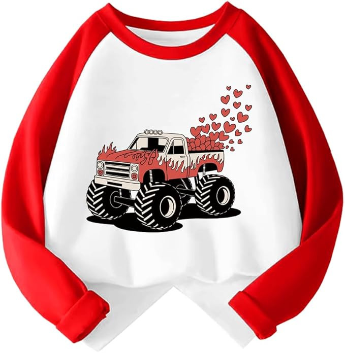 Kids Valentines Day Shirt Girls Boys Valentine's Heart Monster Truck Toddler Raglan Tees Graphic ... | Amazon (US)