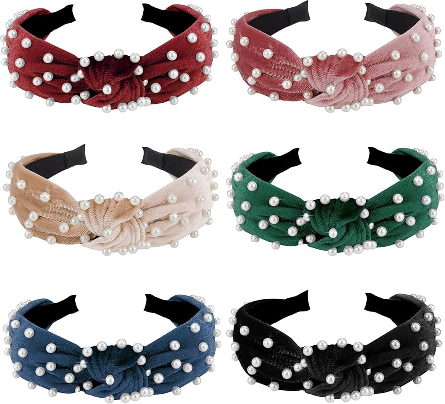 Jaciya Headbands for Women 6 Pack Knotted Headbands Pearl Headband Wide Top Knot Velvet Headband ... | Amazon (US)