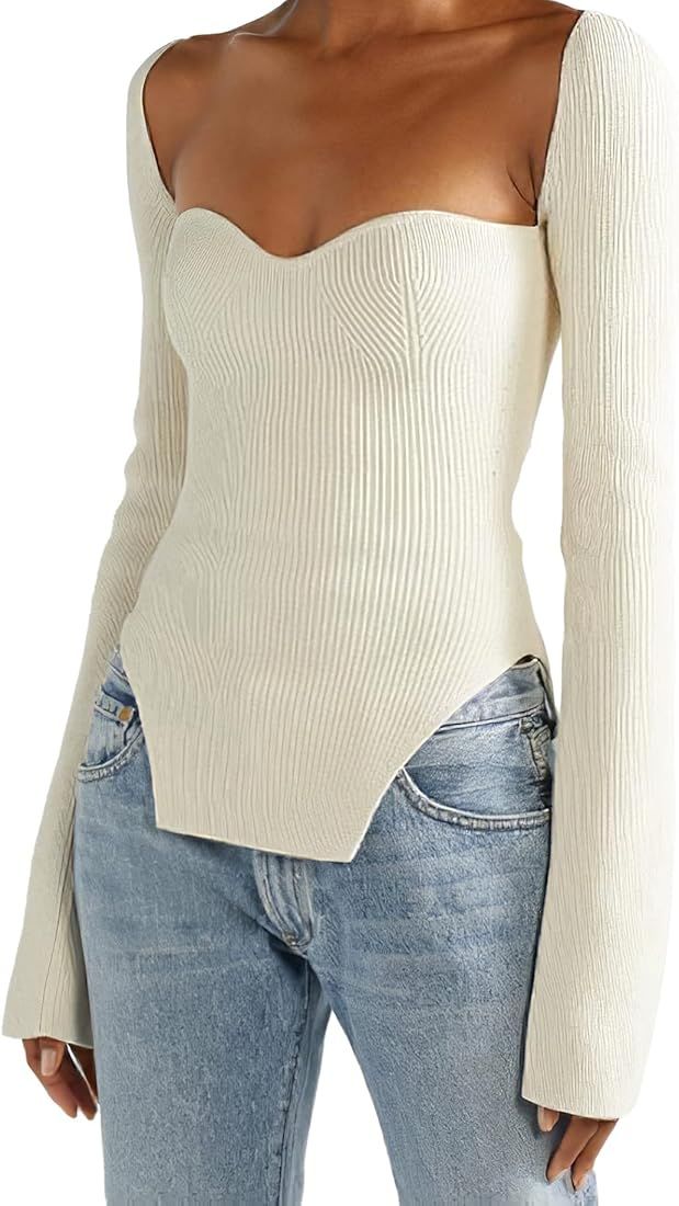 Women's Square Neck Ribbed Knitted Sweater Long Sleeve Crop Slim Fitted Pullover Tops | Amazon (US)