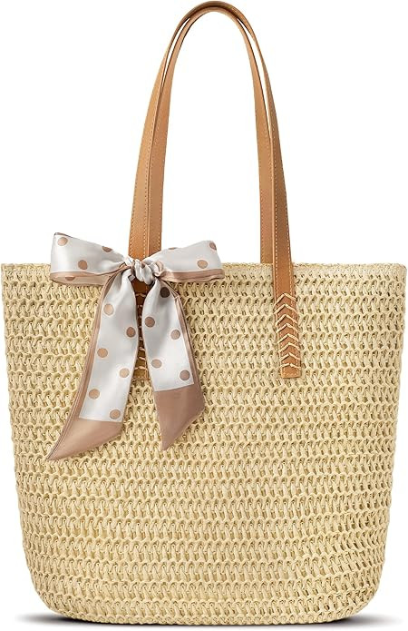 Beach Bags for Women - Straw Bag with Zipper, Soft Woven beach bag, Casual Straw Shoulder Bag for... | Amazon (US)