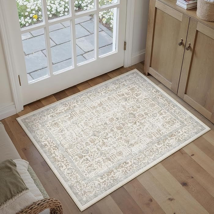 Taupe Entryway Area Rug 2x3 Door Mat Machine Washable Kitchen Vintage Distressed Non Slip Carpet ... | Amazon (US)