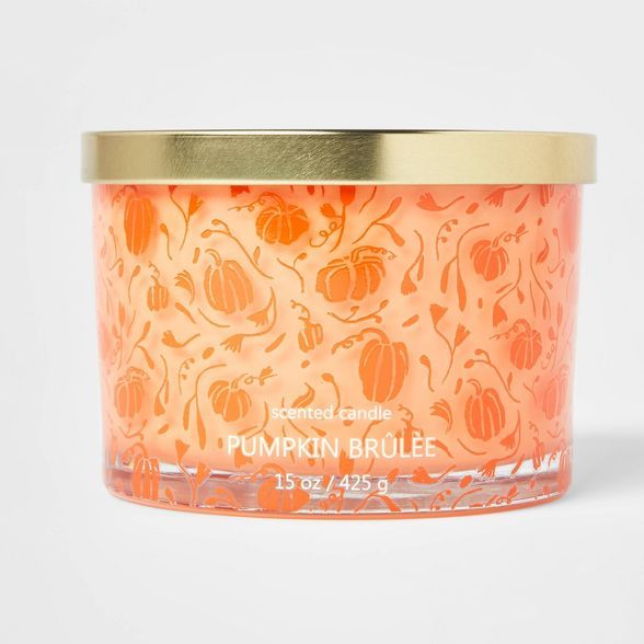 15oz Lidded Glass Jar Orange Pumpkin Print 3-Wick Pumpkin Brulee Candle - Opalhouse™ | Target