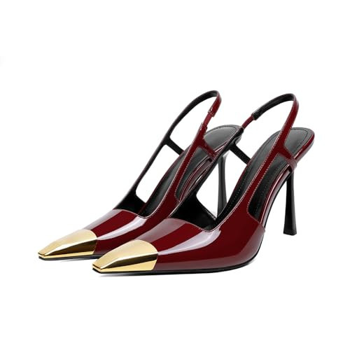 Vertundy Burgundy Slingback Heels for Women Metal Pointed Toe Stiletto High Heel Pumps Slip On Shoes Geometric Heel | Amazon (US)