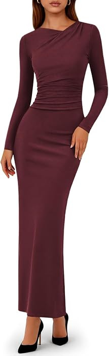 Womens Long Sleeve Asymmetrical Maxi Fall Wedding Guest Dresses | Amazon (US)