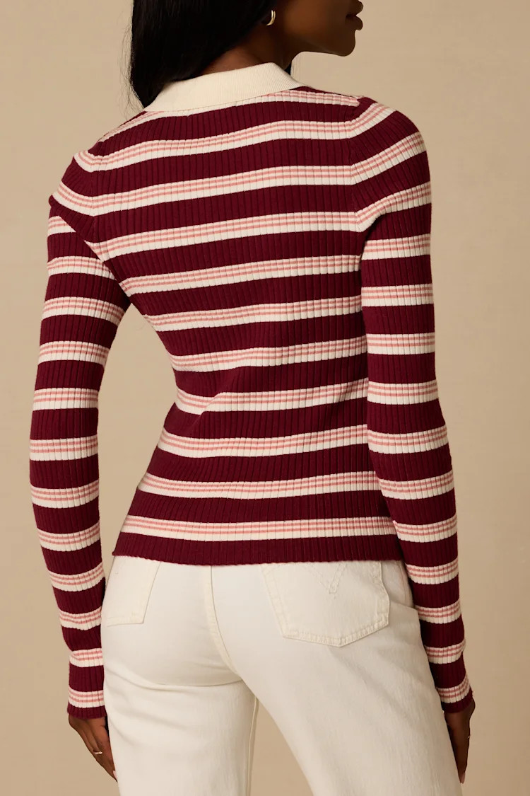 Opal Burgundy and Pink Striped Ribbed Knit Collar Top | Lulus