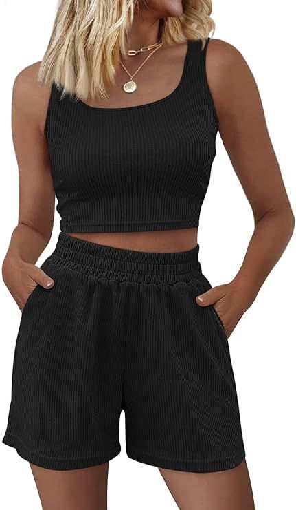 Trendy Queen Two Piece Summer Outfits Women Shorts Sets 2 Piece Sleeveless Matching Lounge Crop T... | Amazon (US)