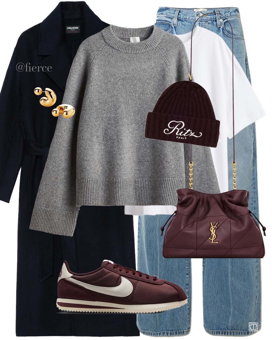 Navy wool coat grey jumper burgundy Nike Cortez burgundy bag burgundy beanie hat casual weekend outfit 

#LTKuk #LTKwinter #LTKeurope