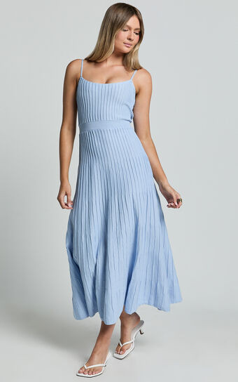 Donissa Midi Dress - Panelled Knit Dress in Blue | Showpo (US, UK & Europe)