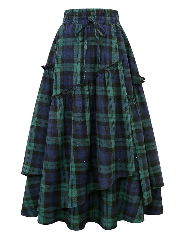 IDEALSANXUN Womens Long Plaid Skirts High Waisted A Line Renaissance Maxi Skirt with Pockets | Amazon (US)