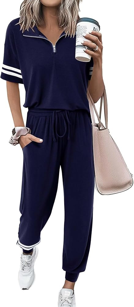 MASCOMODA 2 Piece Outfits for Women 2026 Summer Casual Quarter Zip Short Sleeve Tops Long Pants T... | Amazon (US)