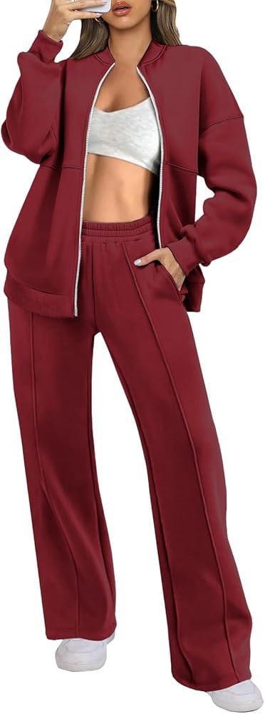 Pant Set for Women 2 Piece Outfits Casual Zip Up Cropped Cardigan Drawstring Wide Leg Pant Sets L... | Amazon (US)