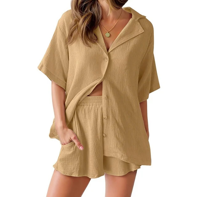 Fantaslook 2 Piece Womens Outfit Sets Button Down Shirts and Shorts Casual Lounge Sets Short Slee... | Walmart (US)